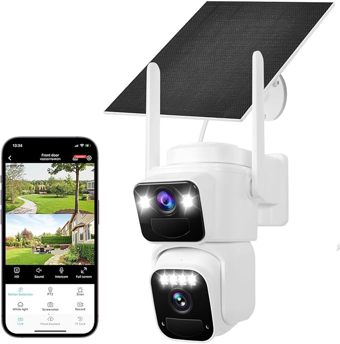 Dual Lens Dual Screen 2K Solar Security Camera Wireless Outdoor 360° View Battery Powered Camera with Spotlight Color Night Vision, PIR Sensor WiFi Home Security System