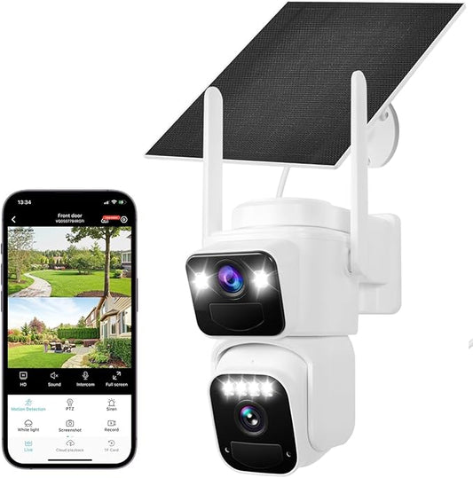 Dual Lens Dual Screen 2K Solar Security Camera Wireless Outdoor 360° View Battery Powered Camera with Spotlight Color Night Vision, PIR Sensor WiFi Home Security System