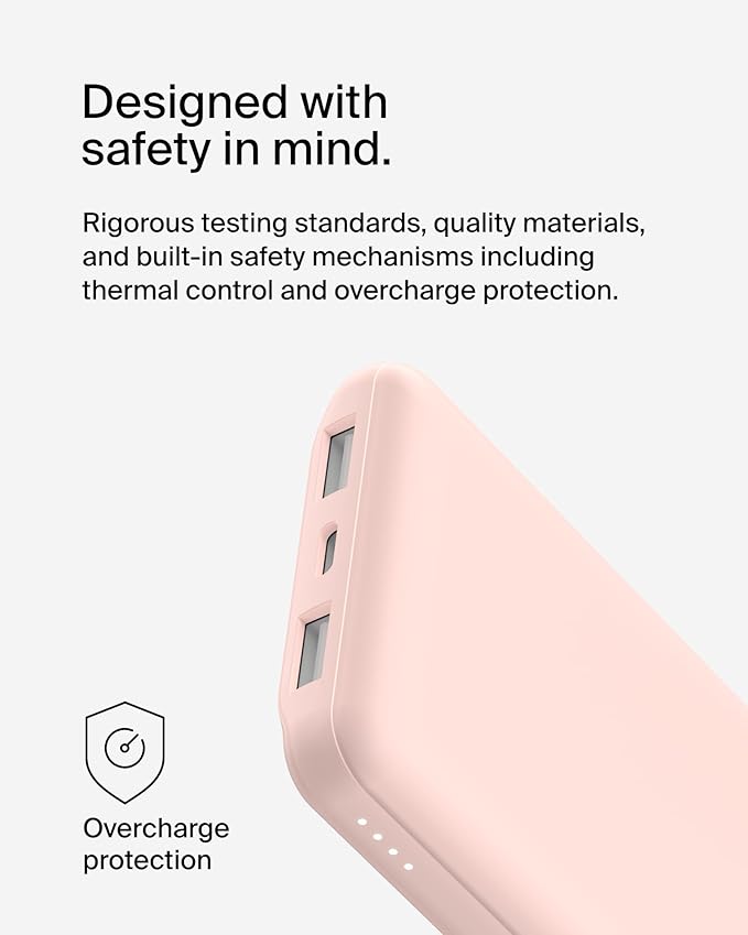 Belkin Portable Charger, USB-C Power Bank 10000 mAh w/ 1xUSB-C & 2xUSB-A Ports, 15W w/ Type-C to Type-A Cable - iPhone 17, Samsung Galaxy S25, Google Pixel 10, Nintendo Switch 2, etc. - Rose Gold