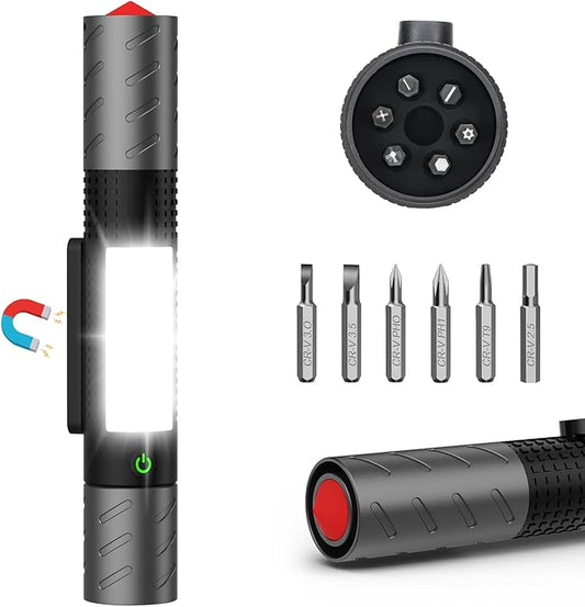 USB C Rechargeable Flashlight High Lumens-Super Bright Magnetic LED Flashlights with Screwdriver Set,Window Glass Breaker,COB Flash Light,7 Modes,Zoomable,Waterproof for Emergency Camping Car Repair
