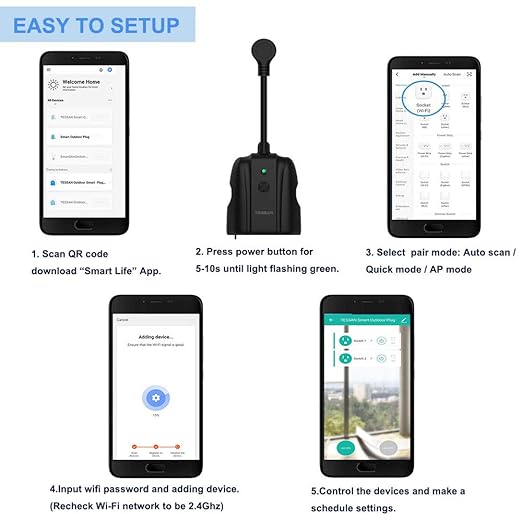 Outdoor Smart Plug Waterproof, TESSAN Smart WiFi Outlet Compatible with Alexa, Google Assistant, 2 Individual Sockets Outside Power Strip with Switch, 2.4GHz Wi-Fi Only, for Lights and 2HP Pool Pump