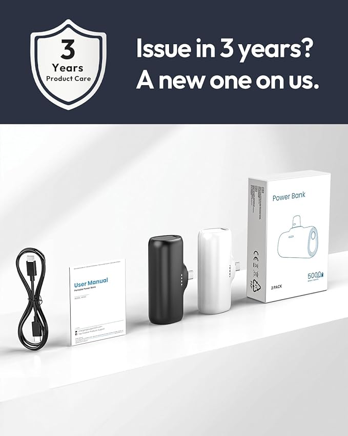 [2-Pack] A ADDTOP-Mini-Portable-Charger-5000mah - 15W Fast Charging Portable Phone Charger Ultra-Compact USB C Battery Pack for iPhone 16/15 Series/Galaxy/Android etc