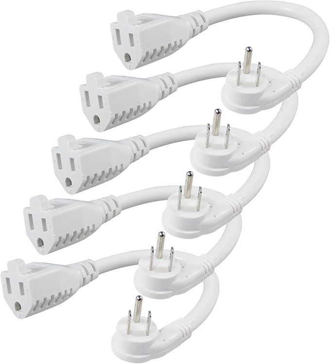 [5 Pack] Flat Plug Short Power Extension Cord - 6inch White Low Profile Flat Head 3 Prong Grounded Indoor Extension Cord,16AWG 13amp Household Appliance Electrical Extension Cord with Flat Wall Plug