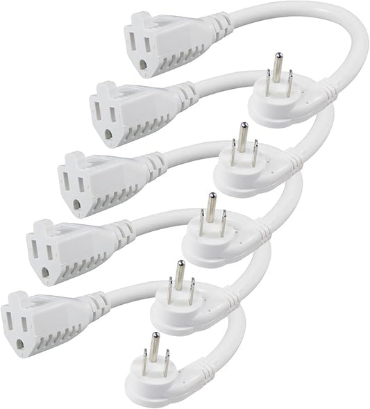 [5 Pack] Flat Plug Short Power Extension Cord - 6inch White Low Profile Flat Head 3 Prong Grounded Indoor Extension Cord,16AWG 13amp Household Appliance Electrical Extension Cord with Flat Wall Plug