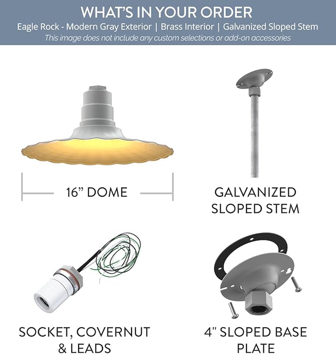 Steel Lighting Co. Eagle Rock Pendant | Ceiling Mounted Light | 16 inch Radial Wave | 12" Sloped Stem | Heavy Duty Steel Retro Farmhouse Style Made in America | Modern Gray Exterior/Brass Interior