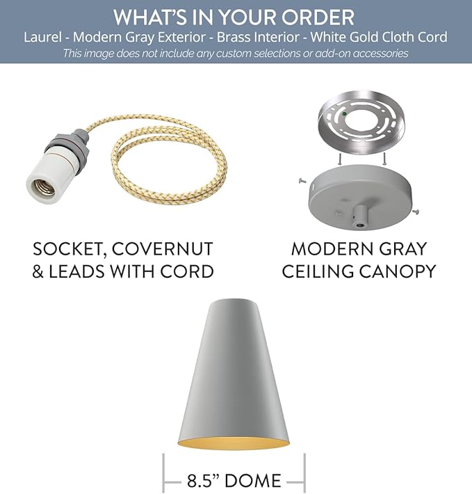 Steel Lighting Co. Laurel Pendant Light | Ceiling Mounted | 8.5 inch Cone Shade | Modern Contemporary Farmhouse Style Made in America | White Gold Cloth Cord | Modern Gray Exterior/Brass Interior