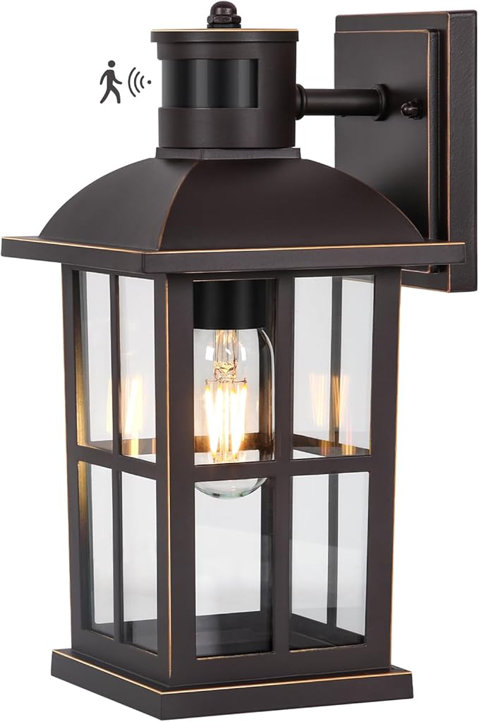 13in Motion Sensor Porch Light, Anti-Rust 100% Aluminum Dusk to Dawn Outdoor Light Fixtures, Exterior Wall Lantern Sconce Lighting Brown, Outside Lights for House Wall Mount for Entryway Garage