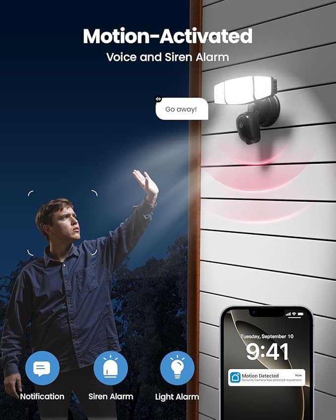 Olafus Floodlight Camera Outdoor – 2K QHD Security Cam with Motion-Activated Flood Lights, Custom Detection Zones, Color Night Vision, 2-Way Talk & 55W Dimmable Lighting Black