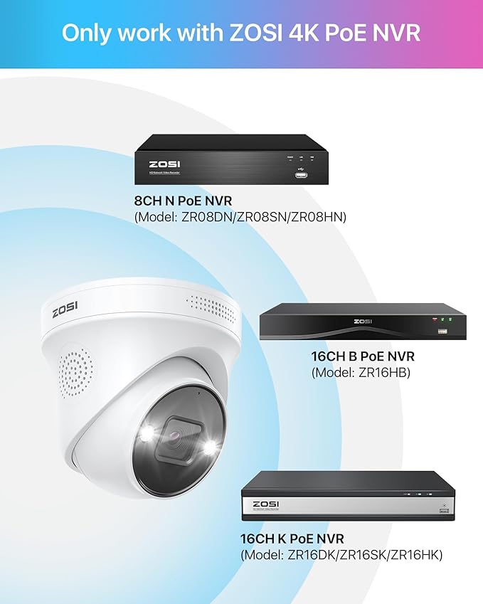 ZOSI 4K PoE Add on Security Camera with Person Vehicle Detection, Sound & Light Alarm, 2 Way Audio, Color Night Vision, 8MP Weatherproof Outdoor Indoor Dome IP Cam, Only Work with ZOSI 4K PoE NVR