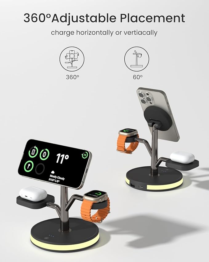 3 in 1 Charging Station for Apple Devices, Fast Charging Magsafe Charger Stand with LED Light and 20W PD Adapter, Wireless Nightstand Charger for iPhone16/15/14/13/12 Series& AirPods& iWatch and More