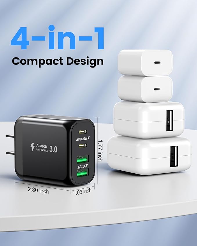40W USB C Charger Block, 2-Pack 4-Port Fast Charging Block Power Adapter, Dual PD & QC Type-C Multiport Wall Charger for iPhone 16 15 14 13 12 11 Pro Max, Samsung, Tablets