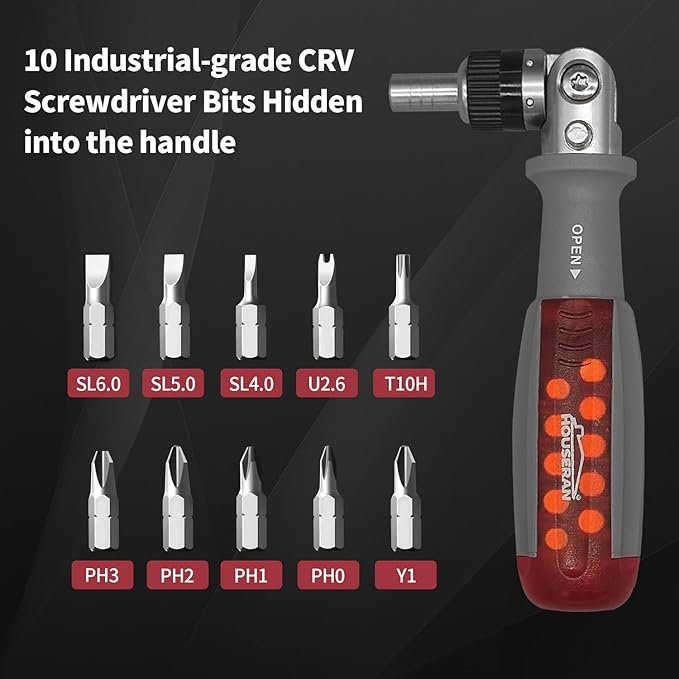 Ratcheting Screwdriver, HOUSERAN Ratcheting Screwdriver Set, 10-in-1 Multi Bit Screwdriver, 90-Degree Adjust Precision Screw Driver, Electrical and Electronics Ratchet Driver, Slotted/Philips/Torx
