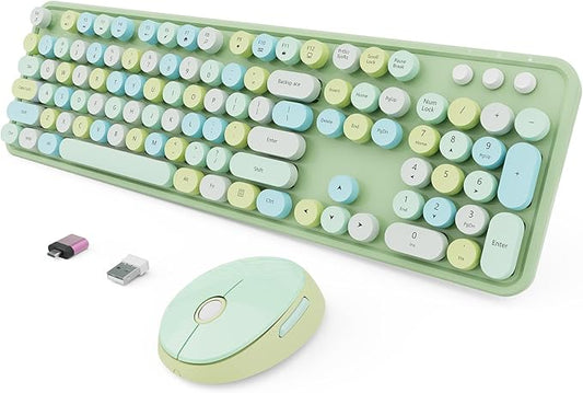 Wireless Keyboard and Mouse Combo, Ergonomic Full Size Typewriter Retro Round Keycaps Keyboard, Compatible with Windows, PC, Perfer for Home and Office Keyboards (Green