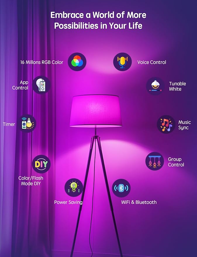 Smart Light Bulbs 8 Pack, Work with Alexa and Google Assistant, LED Light Bulbs Color Changing, Bluetooth Music Sync, WiFi Bulbs with APP,850LM