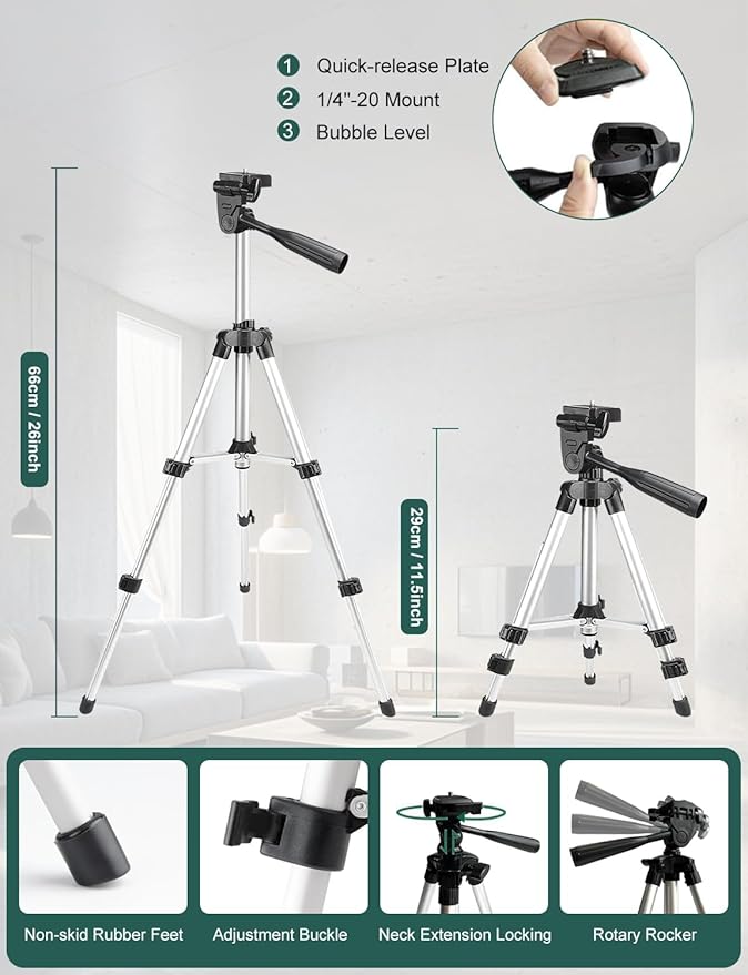 Laser Level, Self-leveling Green Line Laser With Horizontal and Vertical Lines for Construction and Picture Hanging, Battery Included (NK02G With 26 inch Tripod)