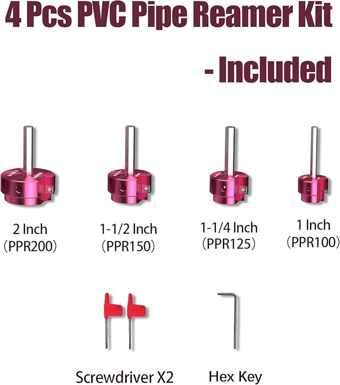 4 Pcs PVC Pipe Reamer Kit, PVC Fitsting Saver, Plastic Pipe Fitsting Reamer Socket Saver Plumbing Tool Includes 1'', 1 1/4'', 1 1/2'', 2'' for Schedule 40 Fits Standard 1/2" Drill