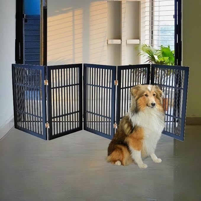 Pet Dog Gate Strong and Durable Freestanding Folding Acacia Hardwood Portable Wooden Fence Indoors or Outdoors by Urnporium (Black Pet Gate, 5 Panel 30" Tall)