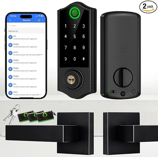 Harfo Fingerprint Smart Door Locks with Handles, App Control, Keyless Entry Front Door Lock Set, Bluetooth Digital Electronic Touchscreen Keypad Deadbolt, Easy Installation, Black