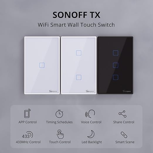 SONOFF Smart Light Switch, 2.4GHz WiFi Touch Smart Wall Switch for Lights, Works with Alexa and Google Home, Neutral Wire Required Interruptor Inteligente, 1 Gang 1 Way TX T2