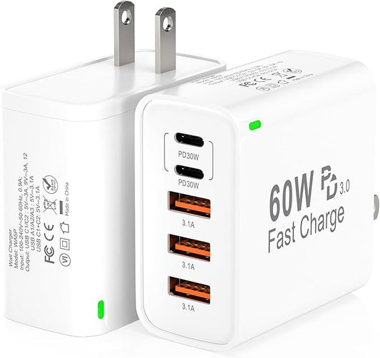 2Pack USB C Fast Charger Block, 60W 5-Port USB C Wall Charger 30W Type C Charging Block, 2USB C+3USB A PPS/PD 3.0 Multiport Charging Cube for iPhone 16 15 14 13 Pro Max,for Galaxy S25 S24 Ultra, i Pad