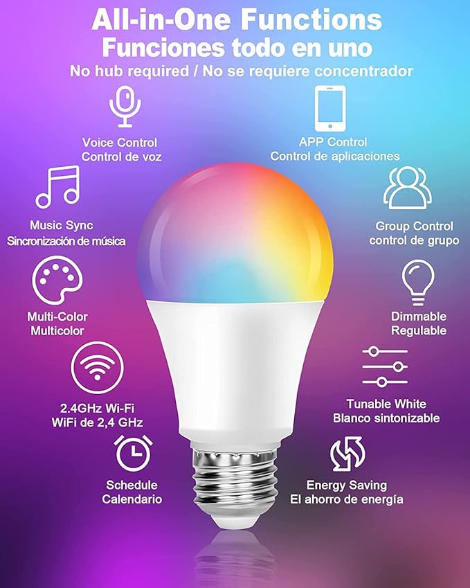 OHLUX Smart Light Bulbs, Color Changing LED Bulbs for Alexa and Google Assistant, 2.4GHz WiFi and Bluetooth with Music Sync, E26 A19, 120V, 4 Pack