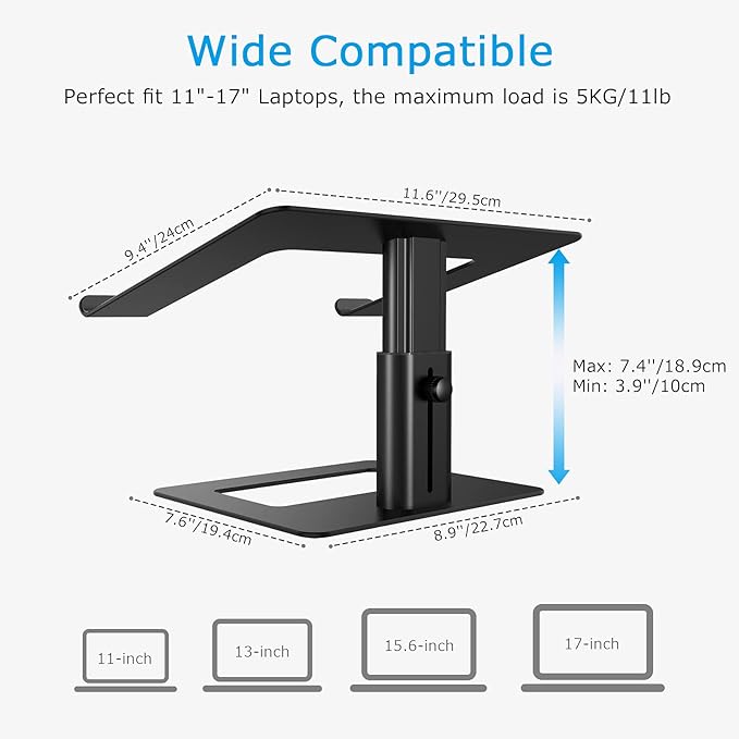 BoYata Laptop Stand, Ergonomic Aluminum Height Adjustable Computer Stand Laptop Holder for Desk, Compatible with MacBook Pro/Air, Dell, Lenovo, HP, Samsung, More Laptops 11-17" (Black)