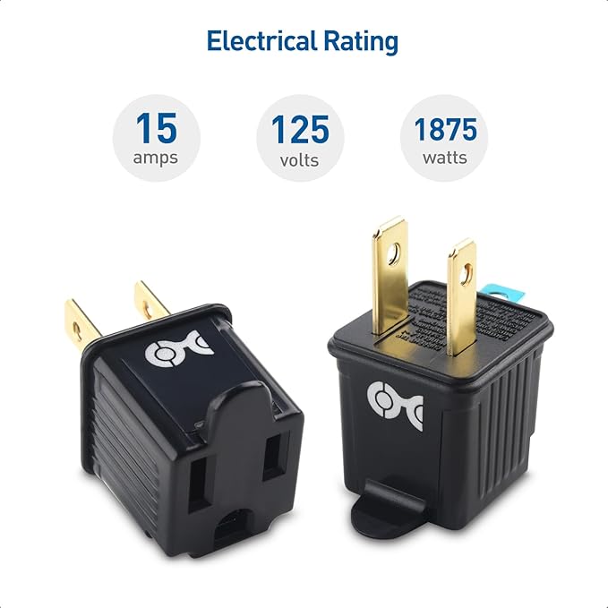[UL Listed] Cable Matters 3-Pack 2 Prong to 3 Prong Outlet Adapter, 3P to 2P Plug Adapter - Converts a 2-Prong Outlet to Support 3-Prong Plugs, Black