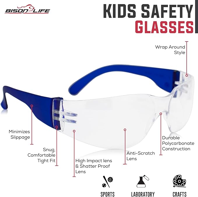 BISON LIFE Kids Safety Glasses, Bulk Kids Protective Glasses ANSI Z87.1 Safety Glasses for Kids, Science Safety Goggles Pack