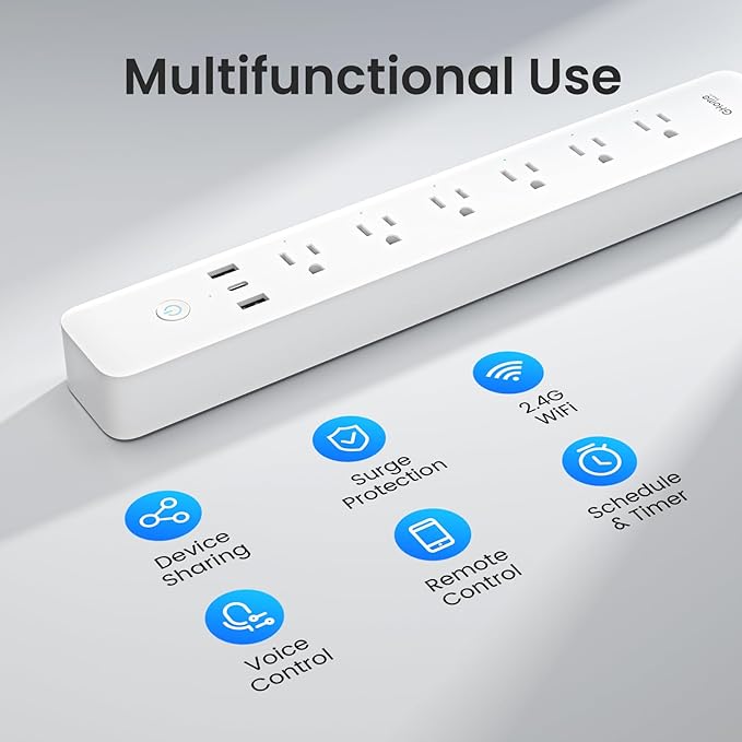 GHome Smart Plug Power Strip, WiFi Surge Protector with 6 Individually Controlled Smart Outlets, 3 USB Ports (2 USB-A and 1 USB-C), Works with Alexa & Google Home, Flat Plug for Home Office, 2.4Ghz