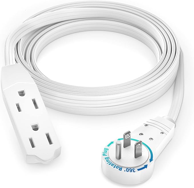 Maximm Cable 8 Ft 360° Rotating Flat Plug Extension Cord/Wire, 16/3 AWG Multi 3 Outlet 3-Prong Grounded Wire- White - UL Certified