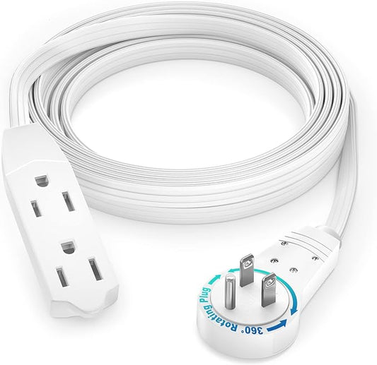 Maximm Cable 8 Ft 360° Rotating Flat Plug Extension Cord/Wire, 16/3 AWG Multi 3 Outlet 3-Prong Grounded Wire- White - UL Certified
