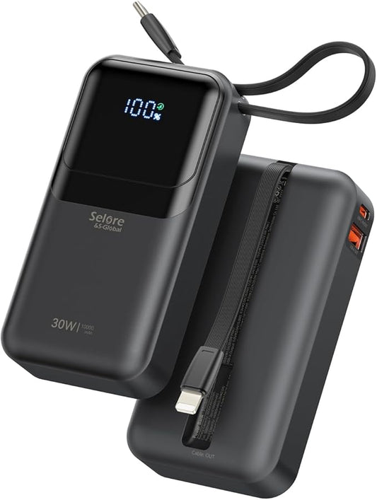 PD 30W Fast Charging Portable iPhone Charger 10 000mAh Mini Size Power Bank with Built in USB C & Lightning Cable, LED Display, Travel Battery Pack for iPhone 16/15/14/13 Series Samsung etc