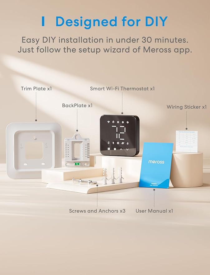 meross Smart Thermostat for Home, WiFi Thermostat Works with Matter, Alexa, Apple Home, Google Assistant, App & Voice Control, 7x24h Scheduling, Energy Saving, C-Wire Required