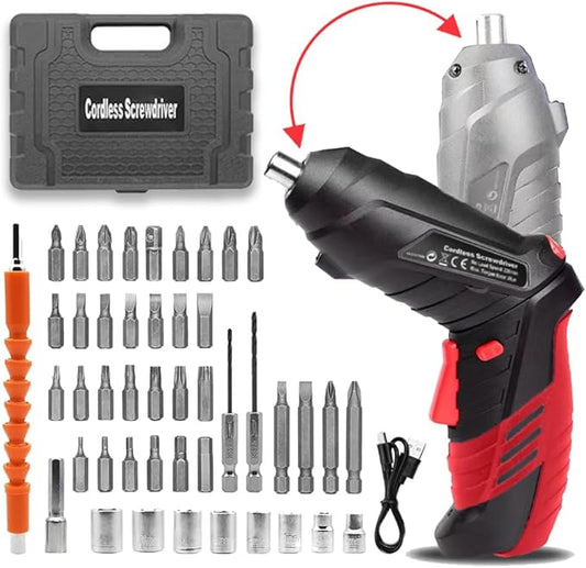 Cordless Power Screwdriver Electric Screwdriver Rechargeable Set, Battery Powered Screwdriver Kit Including 46pcs Bits, Pivoting Handle and LED Lights Small Drills Cordless (Red)