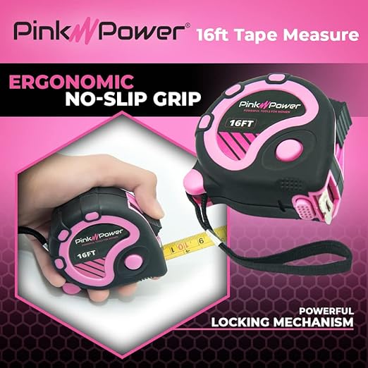 Pink Power 16ft Pink Tape Measure - Measuring Tape for Women's Tool Kit with Retractable Blade and Lock Button - Girls Measuring Kit - Lightweight Measurement Tool