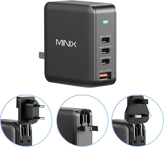 MINIX 165W USB C Charger,GaN II Charger PD3.1 Max 140W,Turbo 4-Port Charging Adapter, Fast Charging Station, Compatible with MacBook Pro/iPad Air/iPhone15 14 13Pro Max/Galaxy S24 Ultra and More