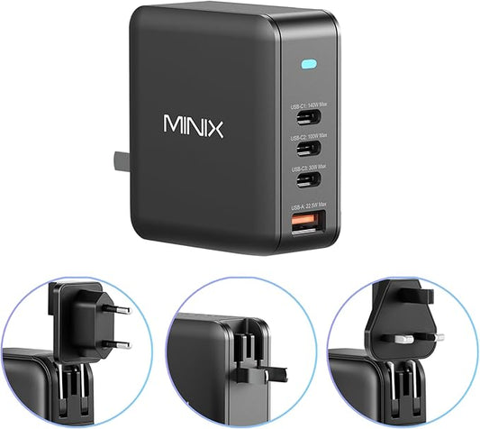 MINIX 165W USB C Charger,GaN II Charger PD3.1 Max 140W,Turbo 4-Port Charging Adapter, Fast Charging Station, Compatible with MacBook Pro/iPad Air/iPhone15 14 13Pro Max/Galaxy S24 Ultra and More