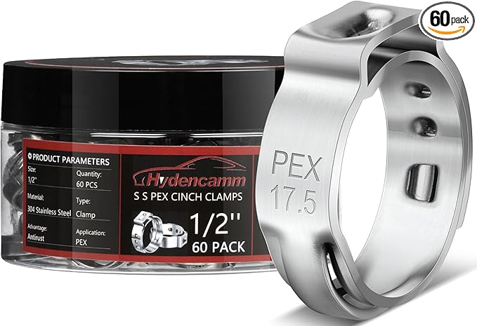 60 Pack 1/2 Inch PEX Cinch Clamps, Premium 304 Stainless Steel Cinch Crimp Rings, Cinch Clamps Rings with Storage Case for PEX Tubing Pipe Fitting Connections By Hydencamm(1/2"x60)
