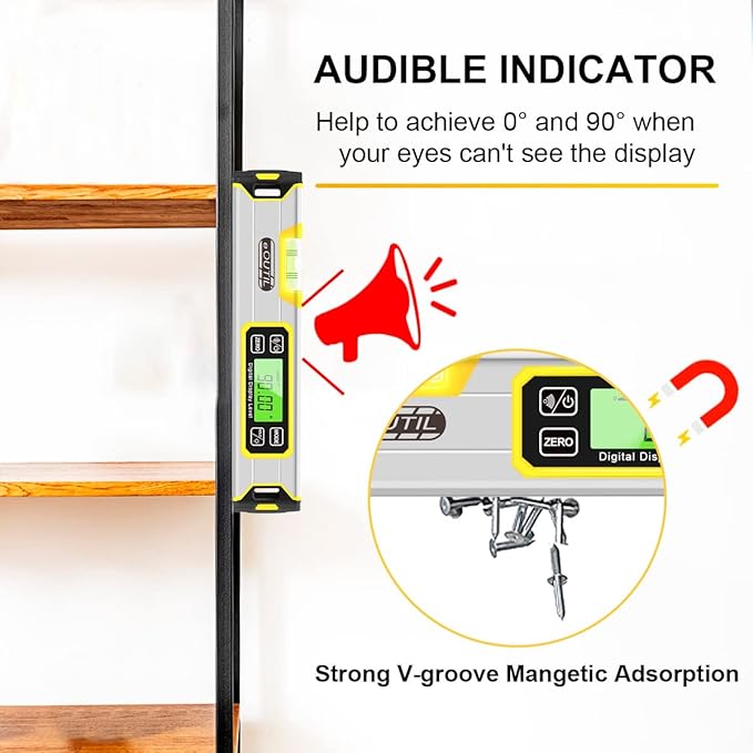 Digital Level and Protractor, 12 Inch IP54 Protected Electronic Bubble Inclinometer Angle Finder with Large LED Backlight and Magnetized V-Groove Base(Yellow