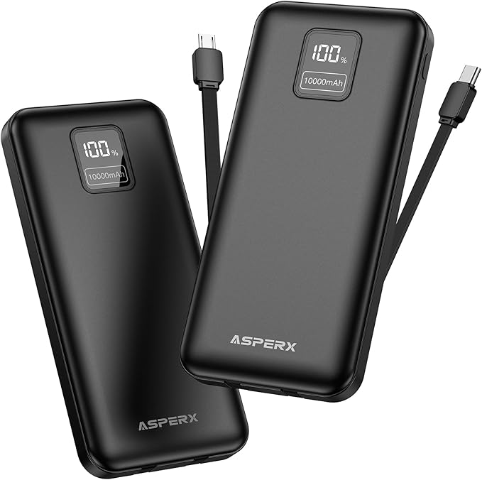AsperX 2-Pack 10000mAh Portable Charger with Built-in Cables, USB-C Output Power Bank Fast Charging, LED Display Travel Essential Battery Pack for iPhone Android Google Pixel LG iPad Heated Vest, etc