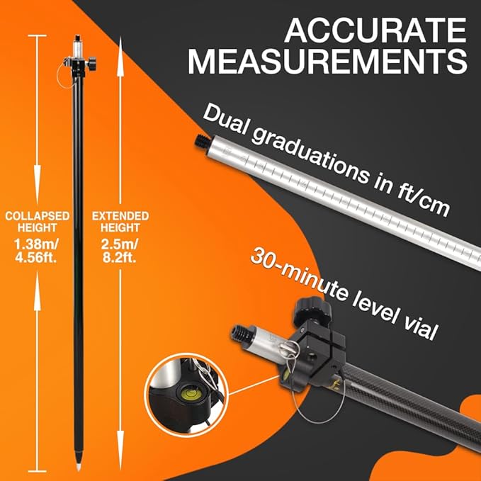 Telescopic GPS Pole， GPS Rod 2.5m/8.2Ft for Land Surveying & Engineering GPS/GNSS Accessory and Instruments (GLS25)