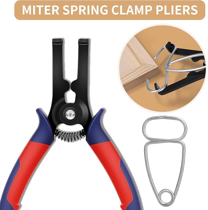 PLANEKO 10PCS Miter Spring Clamps Kit for Woodworking Wood Trim Picture Frames Moldings with 8PCS Miter Clamps 1PC Spring Loaded Pliers 1PC Carabiner Wood Frame Tool Crown Molding Tools