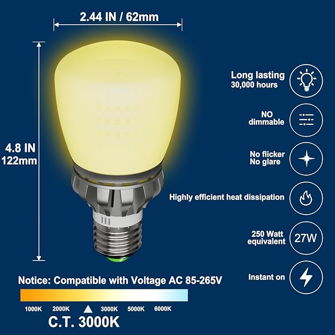 LED Light Bulb, A19 250W Equivalent, Efficient 27W, 3670 Lumens, Warm White 3000K, Non-Dimmable, Pack of 1