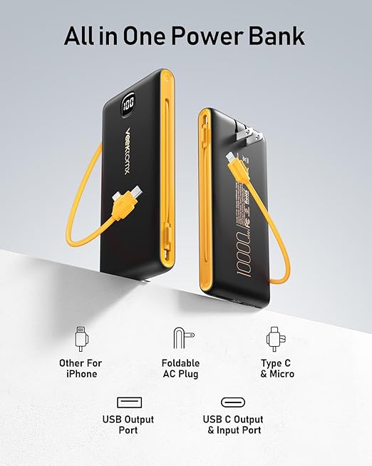 VEEKTOMX Portable Charger with Built in Cables 10000mAh, Power Bank for iPhone with Wall Plug, Travel Essential Fast Charging USB C Slim External Battery Pack for iPhone16/15/14, Samsung, iPad, etc