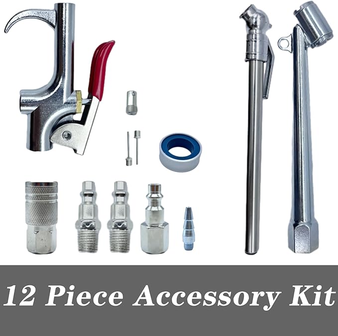 Air Hose 1/4 in x 30 ft, Hybrid Air Compressor Hose Kit with 1/4 in NPT Male Threads, 13 Piece Air Tool & Air Compressor Accessories Kit, Bend Restrictors, 300 PSI (Grey, 30FT-13 Pieces)