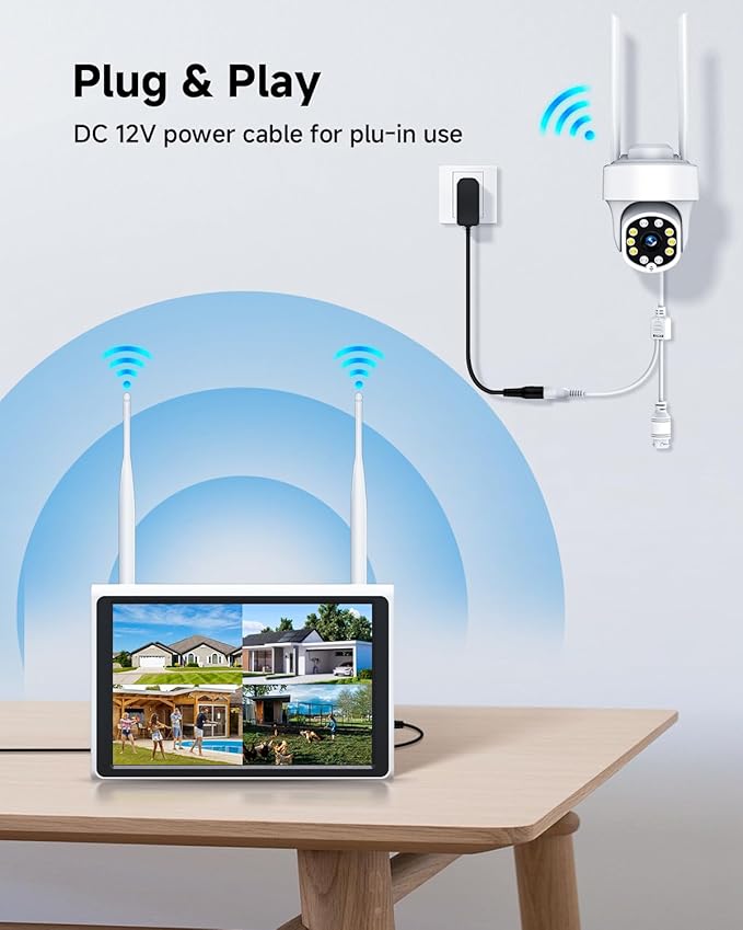 ZHXISND 5MP 10CH Home Security Camera System Outdoor, 5G/2.4G WiFi 4K Surveillance 10" Monitor with 1TB HDD for 24/7 Recording, Auto-Tracking, Color Night Vision, DC Power Plug-in, 0 Monthly Fee