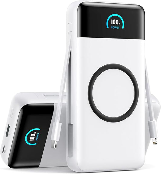 Wireless Portable Charger 40800mAh with Built-in Cables, 15W Wireless Charging USB C Power Bank, 25W PD QC 4.0 5 Outputs TFT LCD Display Battery Pack for iPhone 16/15/14/13/12, Samsung, Android etc