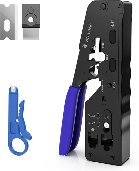 VCELINK RJ45 Crimp Tool, All-In-One Ethernet Pass Through Crimper for CAT7 CAT6A CAT6 CAT5e CAT5 Ethernet Connectors by Screw Adjustment, RJ45 and RJ11/RJ12 Crimping Tool with Mini Stripper