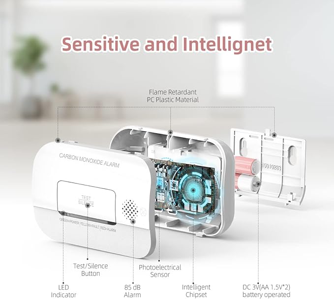 Carbon Monoxide Detector, 7 Year Sensor Life CO Detector with Battery Warning Indicator and Test Button, 85 dB, for Ceiling and Wall Mounting, White (2Pack)