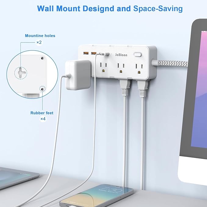 Power Strip Surge Protector - Multi Plug Outlet Adapter with 8 Widely Outlets & 4 USB Ports (2 USB-C), 5FT Extension Cord 45 ° Ultra Thin Flat Plug, Wall Mount for Office Travel Dorm and More
